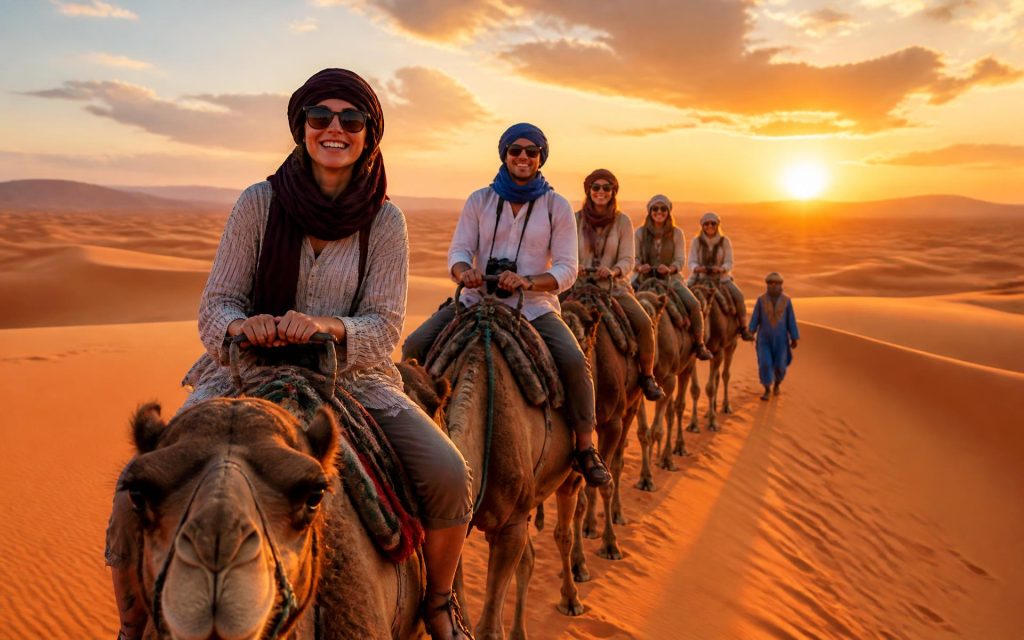 Travellers riding camels across the Erg Chebbi dunes at sunset