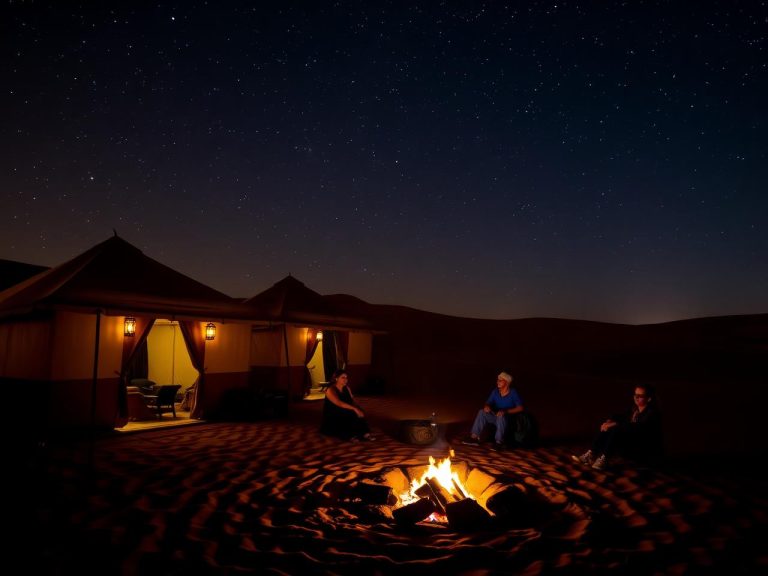 Lantern-lit desert camp beneath the Sahara night sky