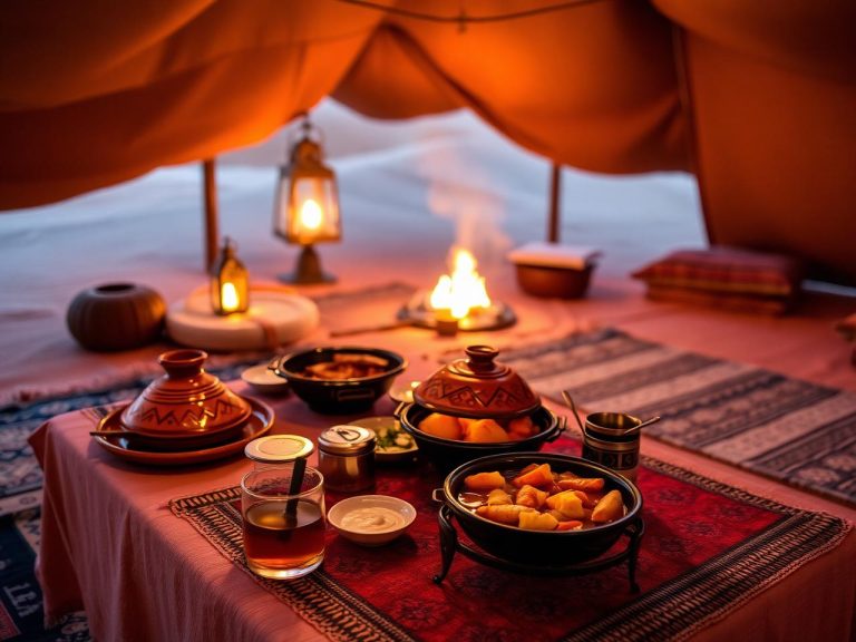 Traditional Moroccan tagine dinner served inside a desert camp tent