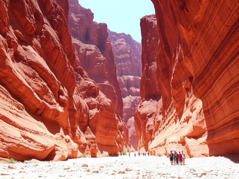 Travellers walking between the high red cliffs of Todra Gorge